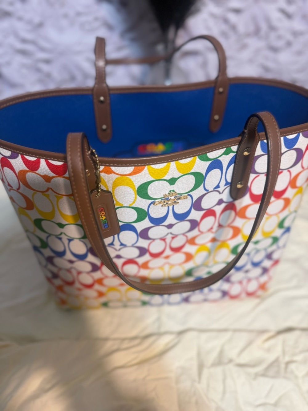 Coach Multicolor Rainbow Signature Tote with Brown Leather Trim - Picture 2 of 10